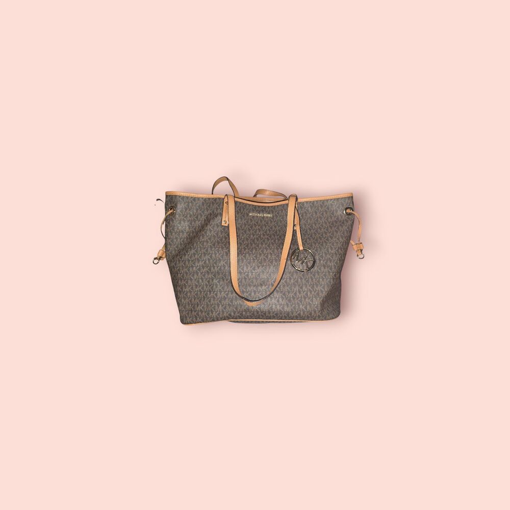 Michael Kors Jet Set Travel Large Drawstring Tote MK Signature Brown Acorn Bag